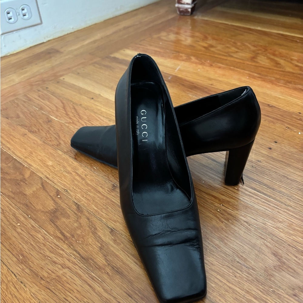 Gucci Black Heeled Loafers with Square Toe